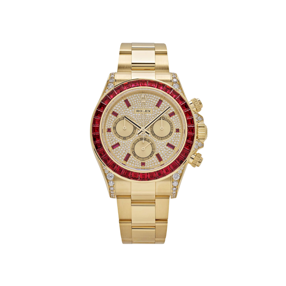 Rolex Daytona 126598TRU Yellow Gold Ruby Bezel Diamond Pave Dial